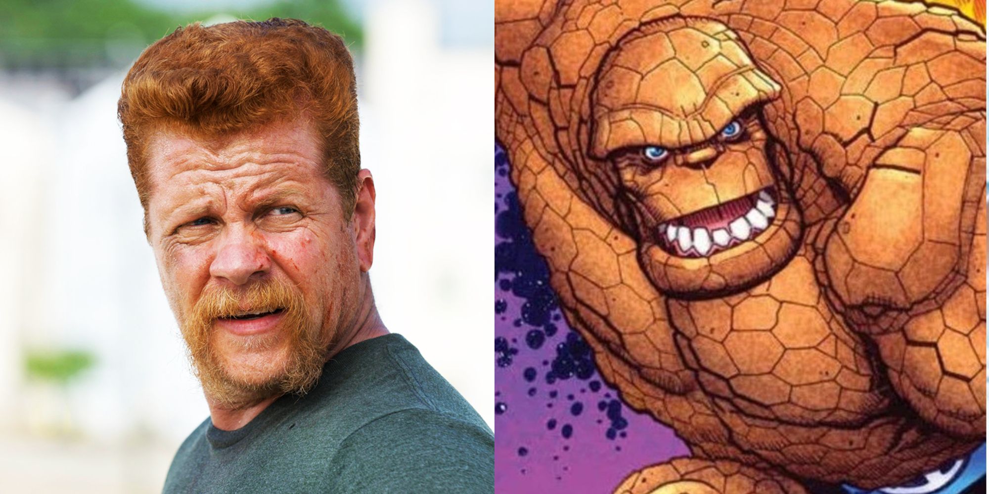 A split image of Michael Cudlitz and The Thing