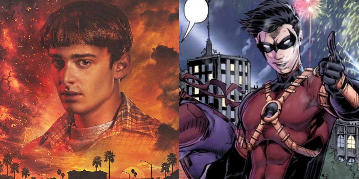 A split image of Noah Schnapp and Tim Drake putting his thumbs up