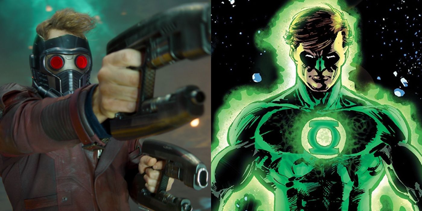 A split image of Peter Quill and Hal Jordan