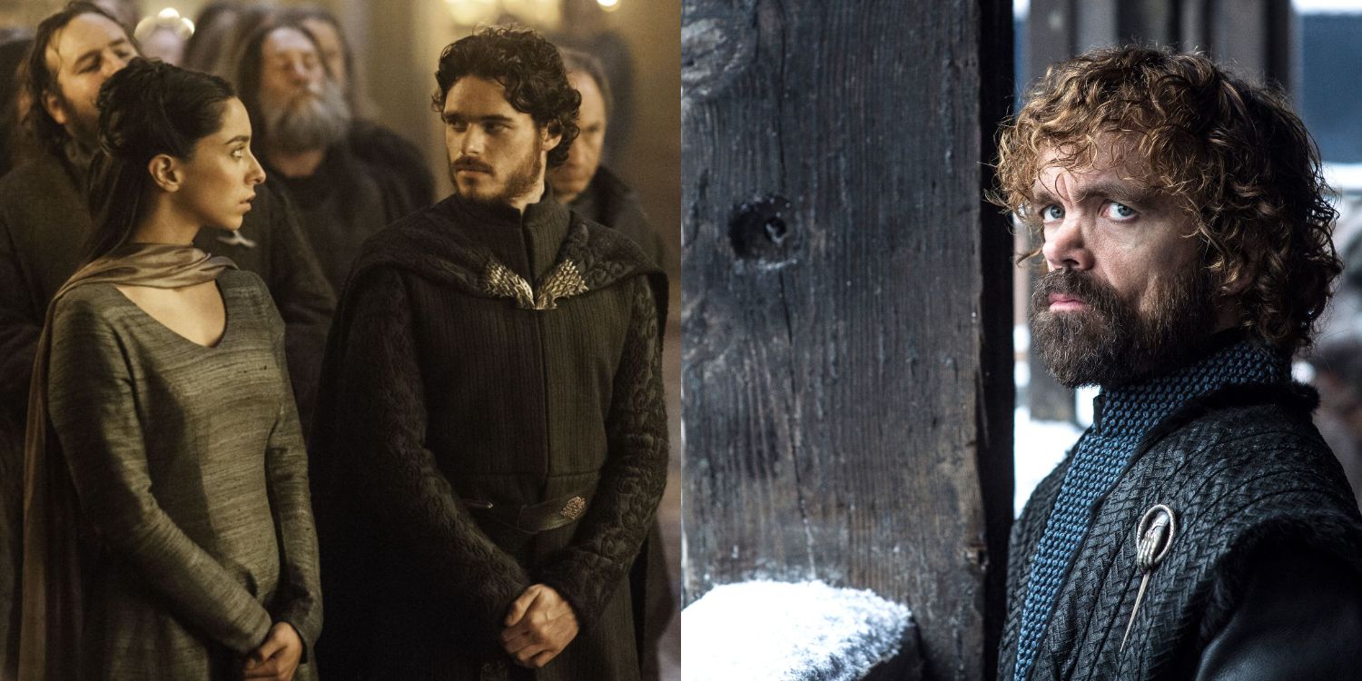 A split image of Robb and Talisa looking at each other and Tyrion looking worried in Game of Thrones