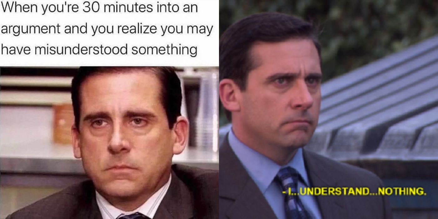 A split image of a meme and Michael Scott not understanding things on The Office