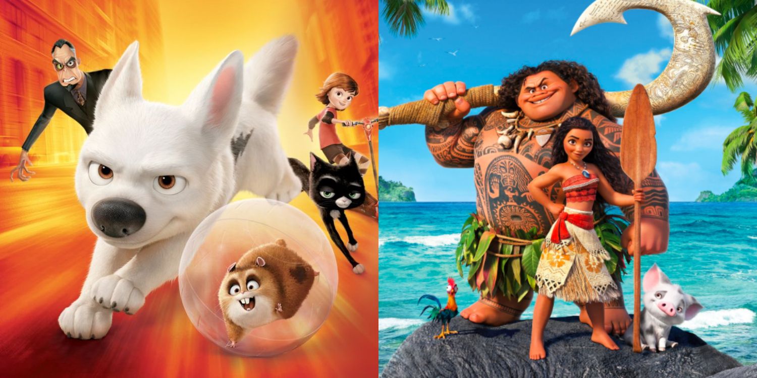 A split image of the cast of Bolt running together and Moana and Maui standing on a beach