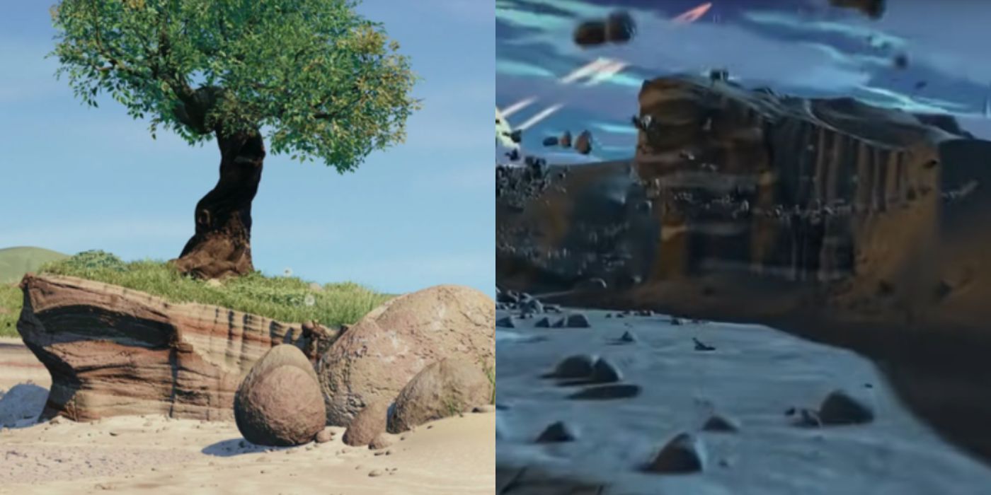 A split image of the riverbed in A Bugs Life and Toy Story