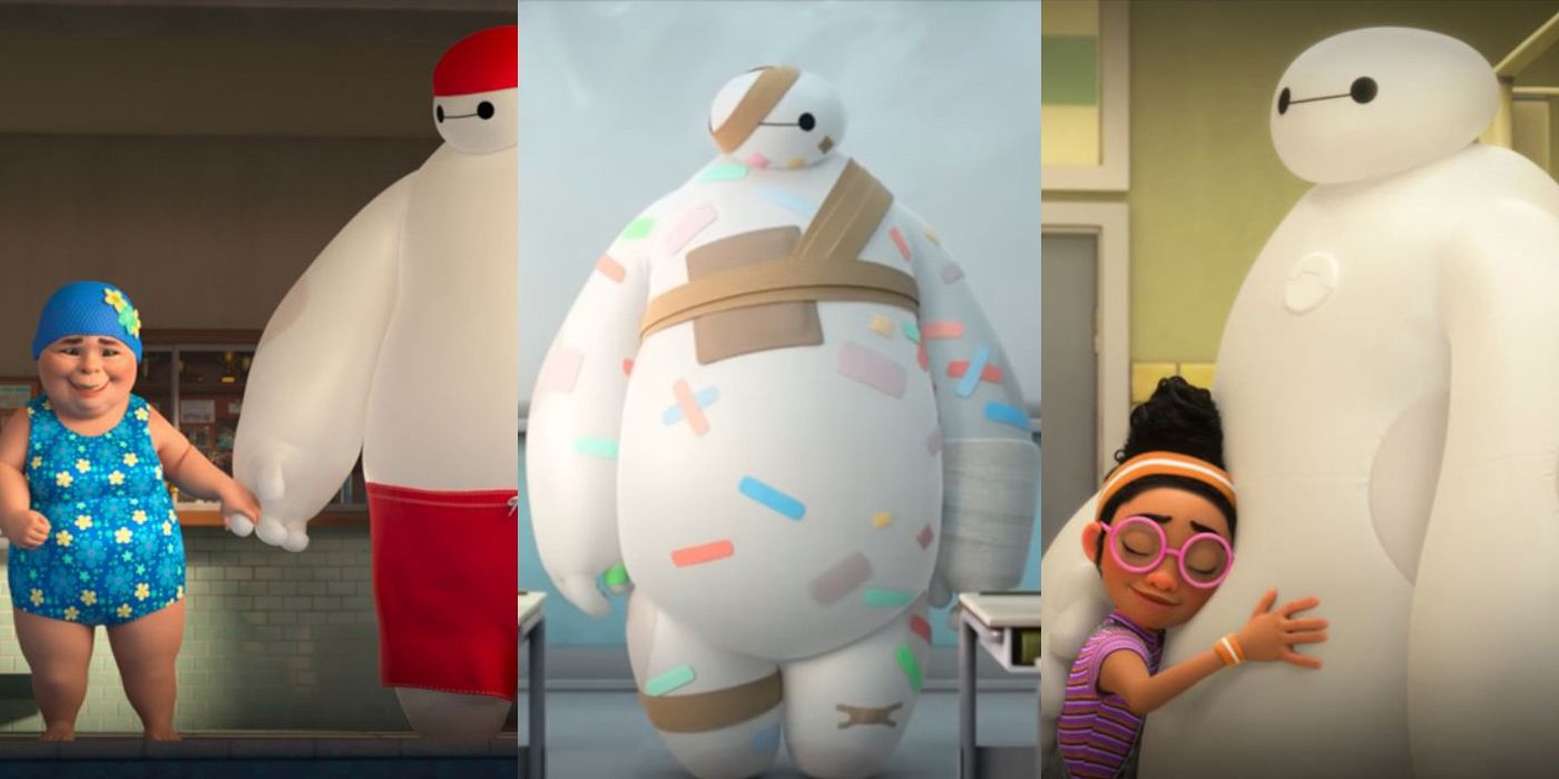 A split screen of Baymax characters.