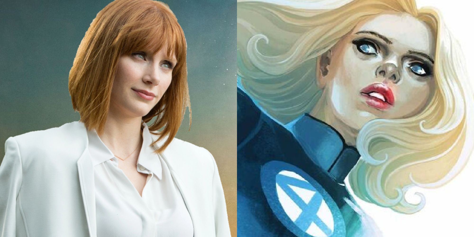 A splite image of Bryce Dallas Howard and Sue Storm the Invisible Woman