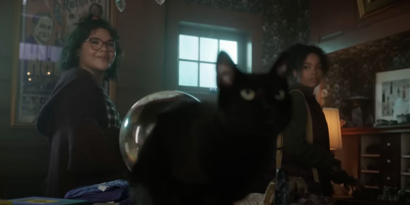 A still of Binx and two students from Hocus Pocus 2