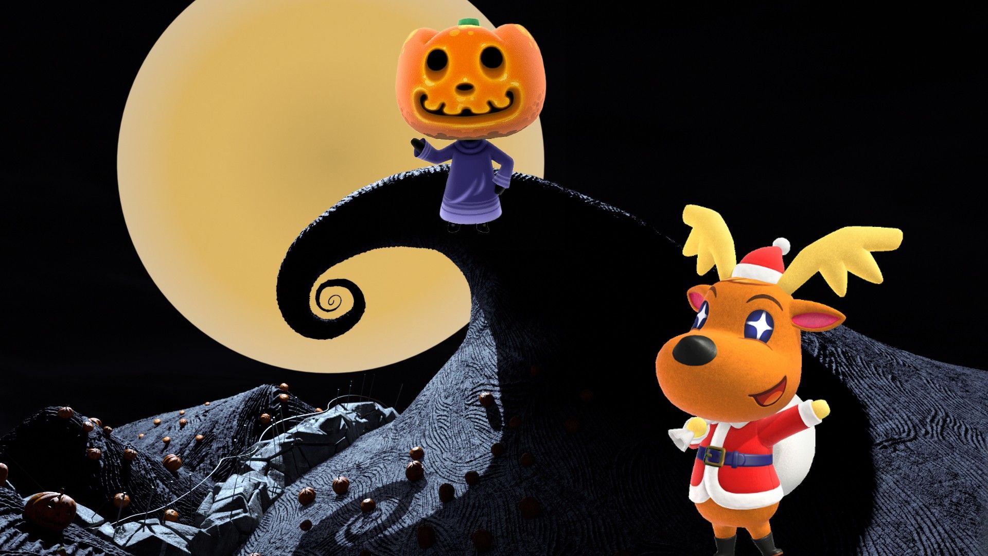Holiday decorations can be combined to make a The Nightmare Before Christmas scene in Animal Crossing.