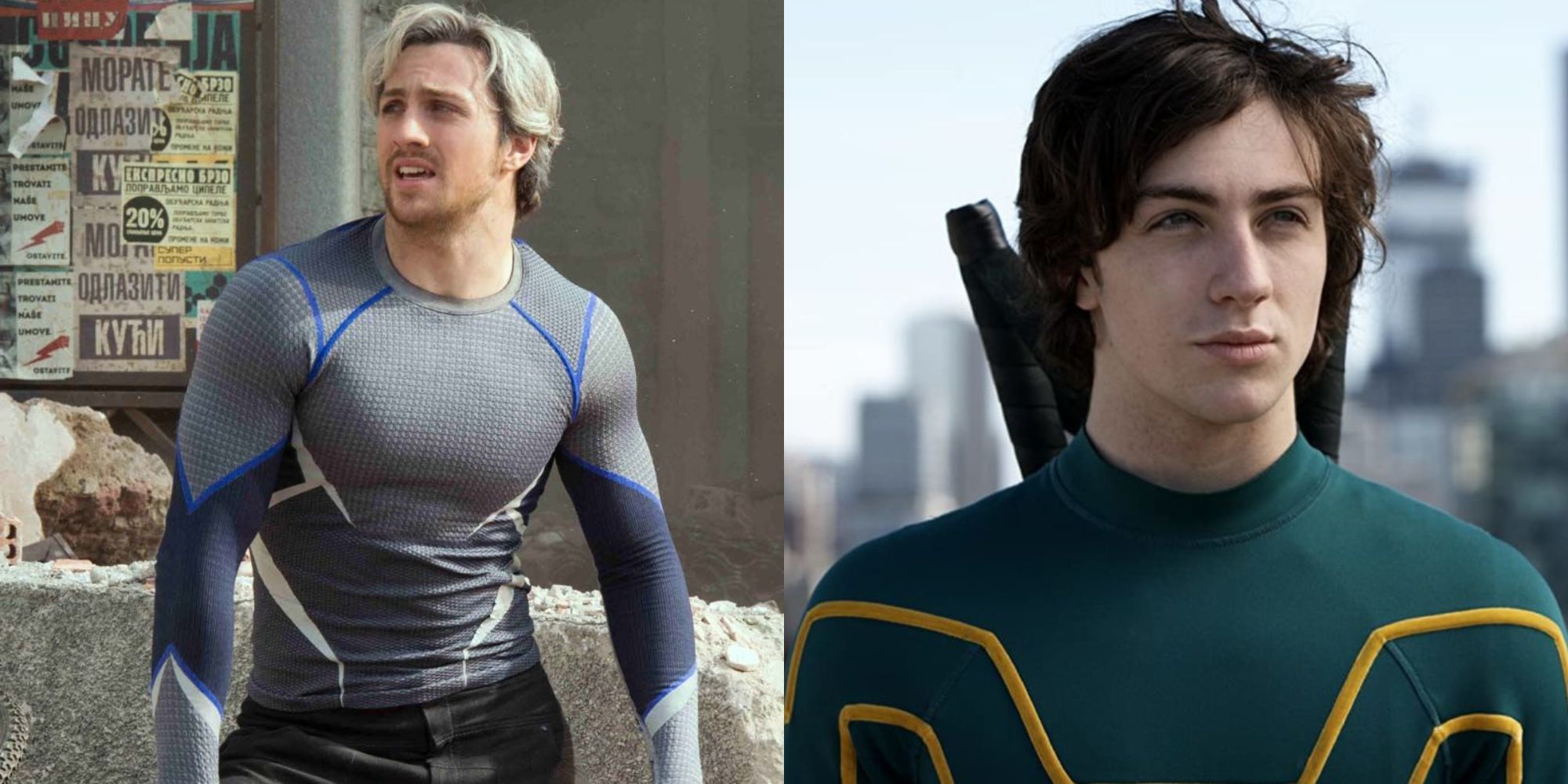 Split image showing Aaron Taylor-Johnson in Avengers Age of Ultron and Kick-Ass.