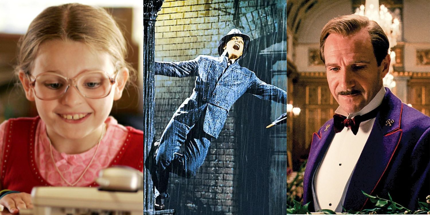 Abigail Breslin in Little Miss Sunshine, Gene Kelly in Singin In The Rain and Ralph Fiennes in The Grand Budapest Hotel Split Image