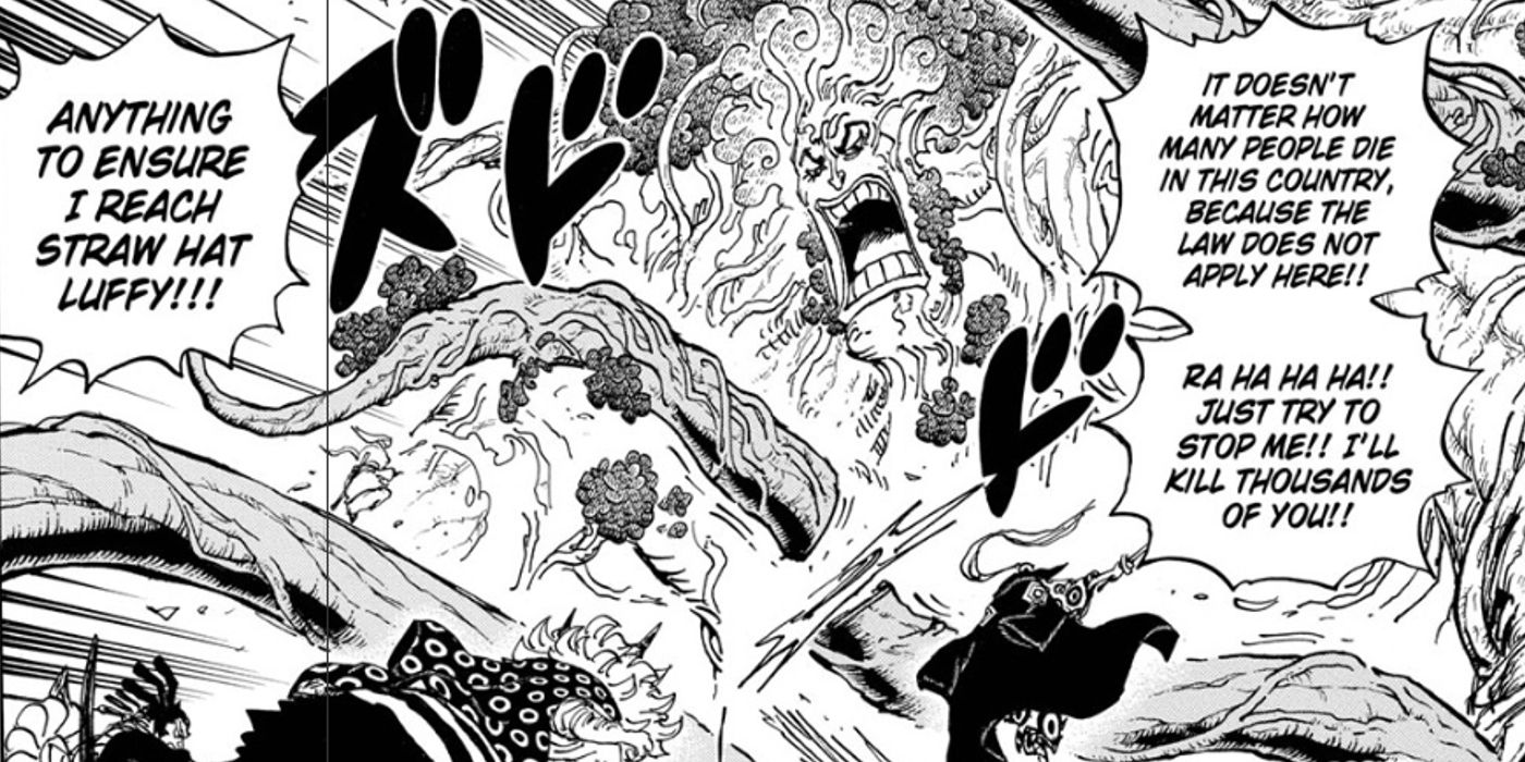 Admiral Ryokugyu attacks the people of Wano while he goes on a tirade about Wano has no rights since it isn't affiliated with the World Government in One Piece chapter 1054.