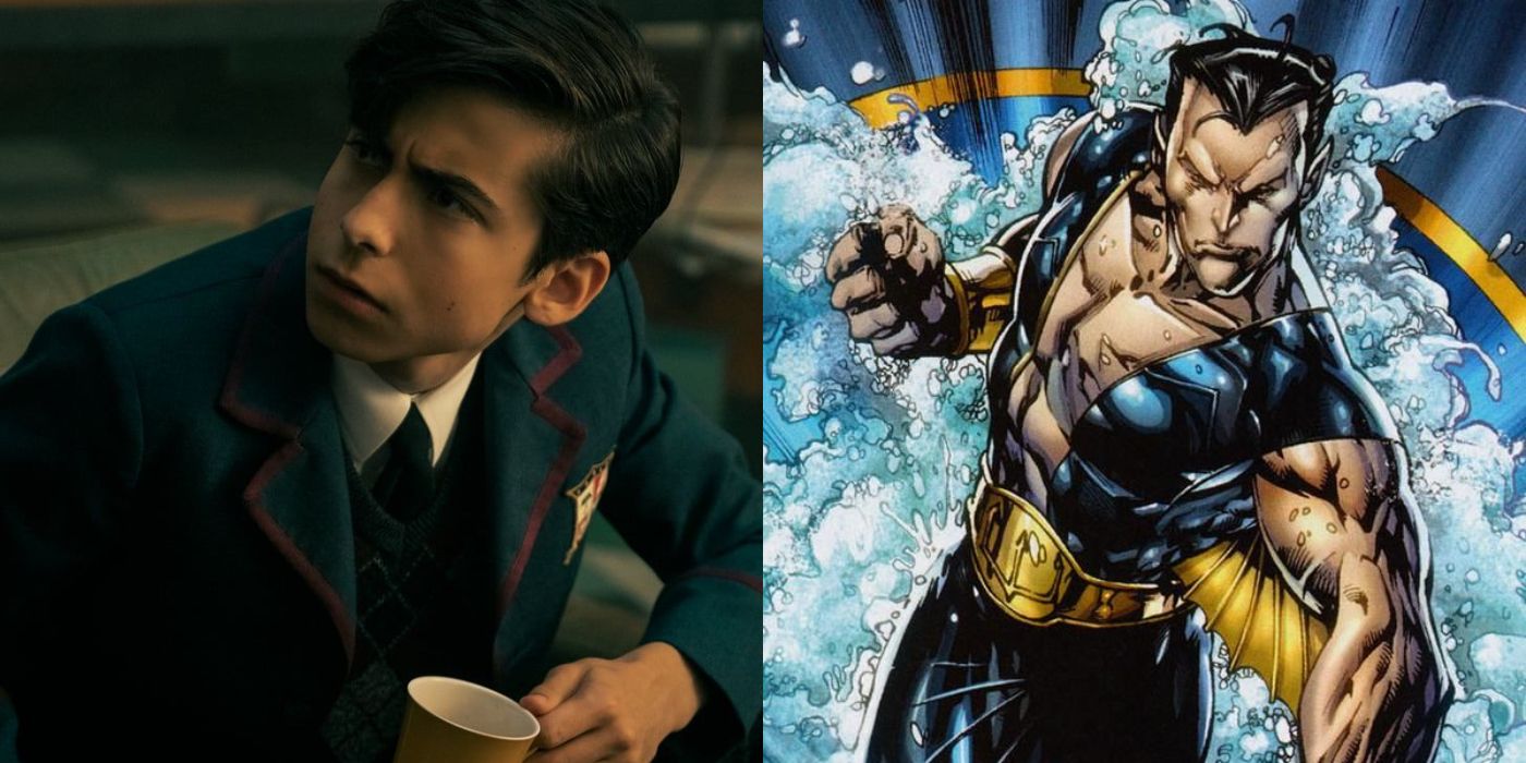 Split image showing Five in The Umbrella Academy and Namor in Marvel Comics.
