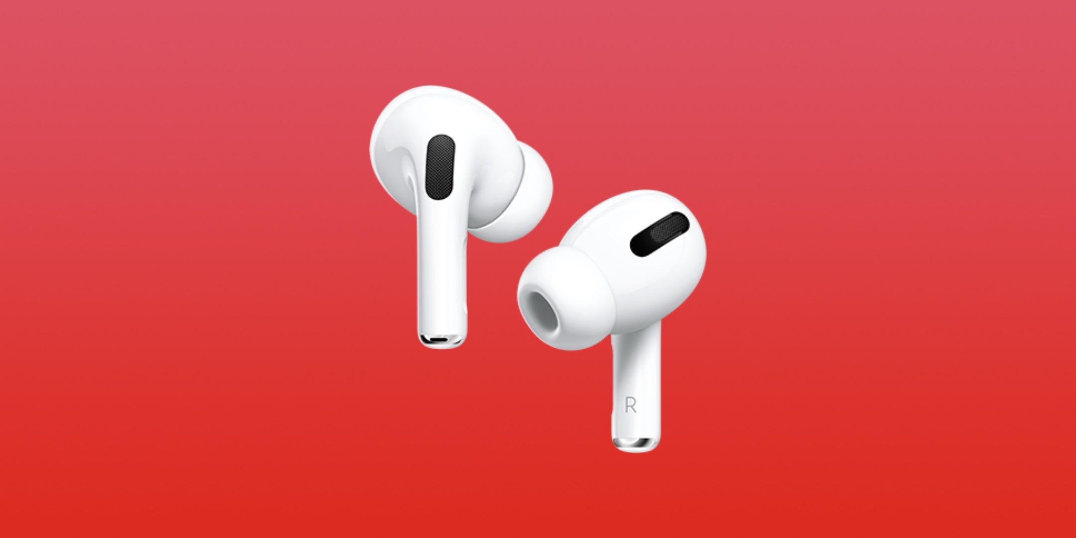 AirPods Pro earbuds over a red background.