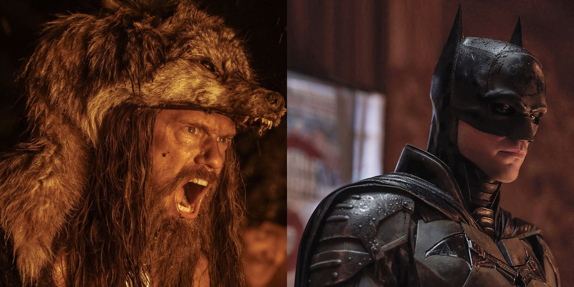 Split image showing Amleth in The Northman and Batman in The Batman.