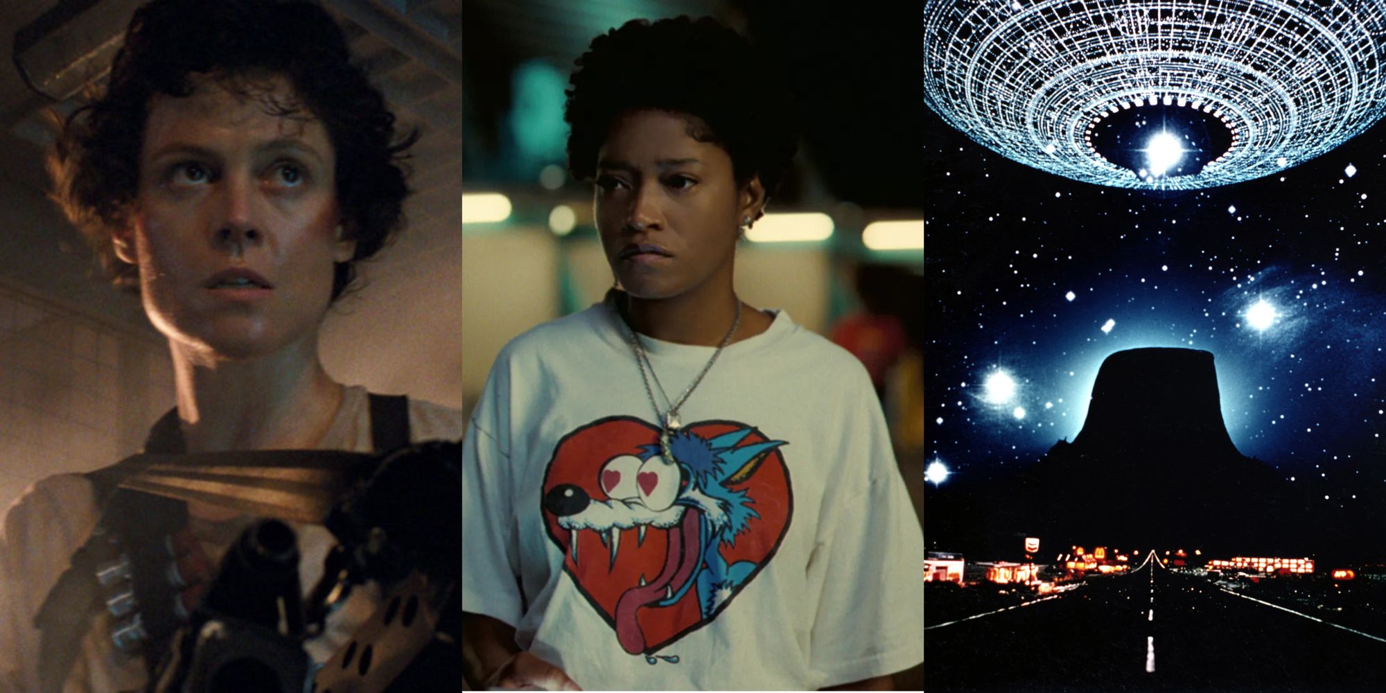 Split image of Sigourney Weaver in Alien, Keke Palmer in Nope, and the UFO in Close Encounters of the Third Kind