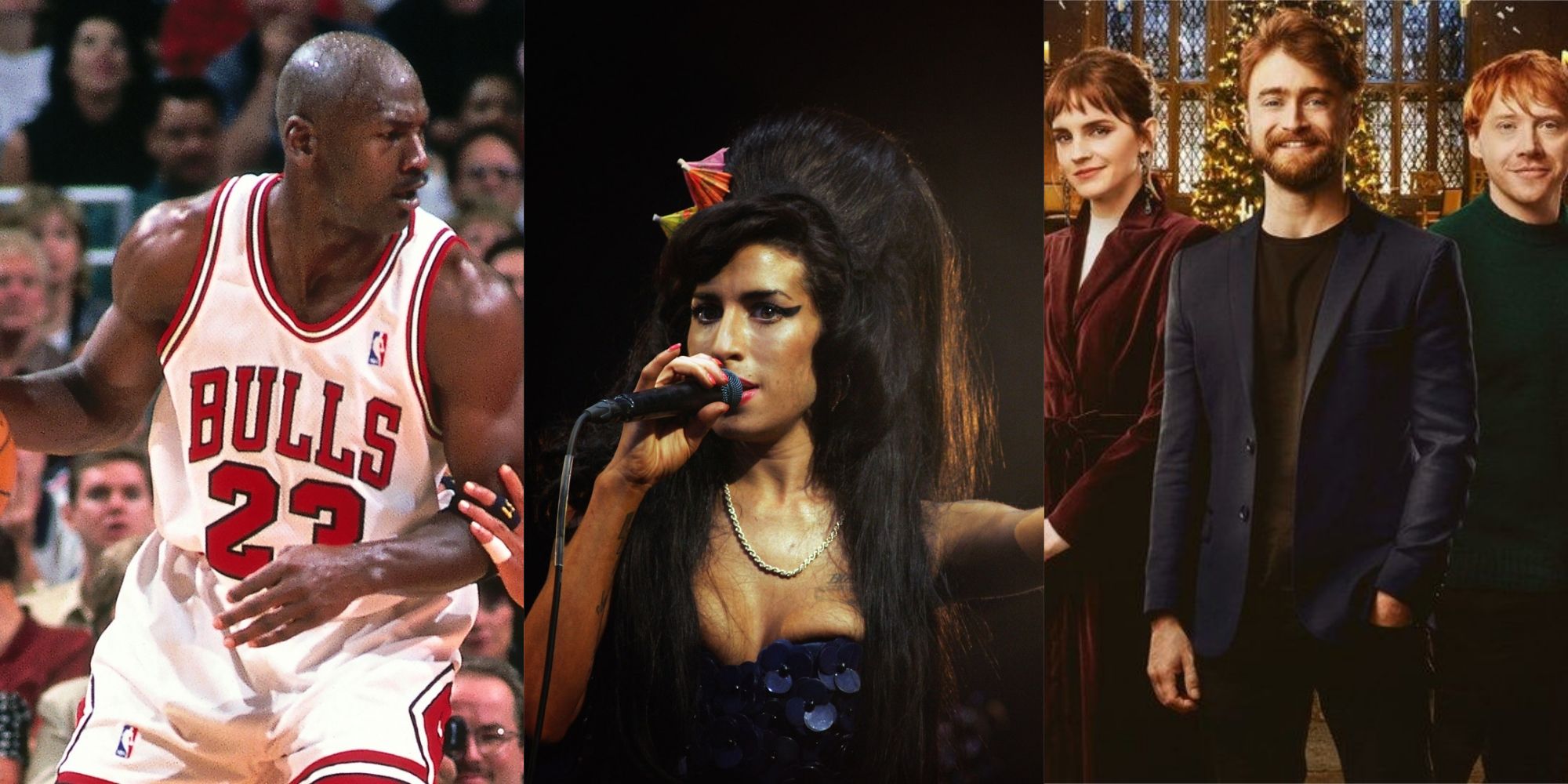 Split image of Michael Jordan, Amy Winehouse, and the Harry Potter cast