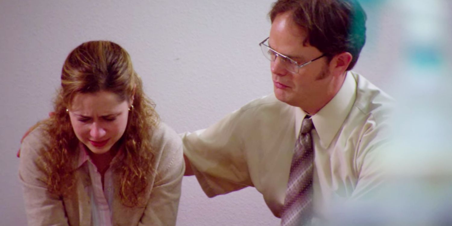 An image of Dwight comforting Pam in The Office