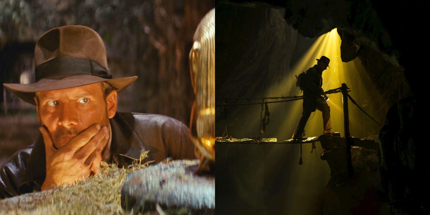 An image of Indiana Jones holding his face and him walking on a bridge