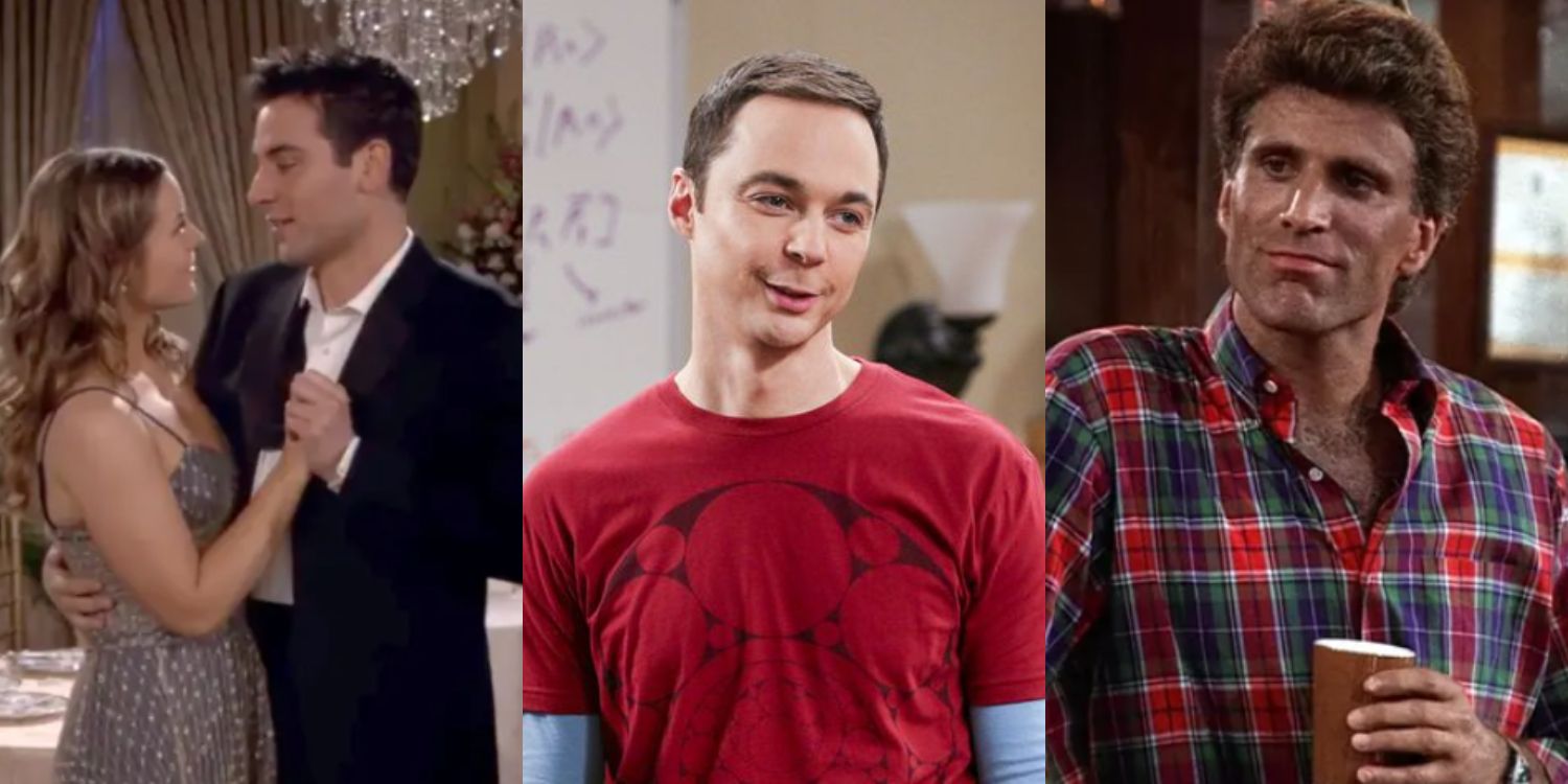 An image of Ted and Victoria dancing, Sheldon from TBBT, and Sam from Cheers holding a drink