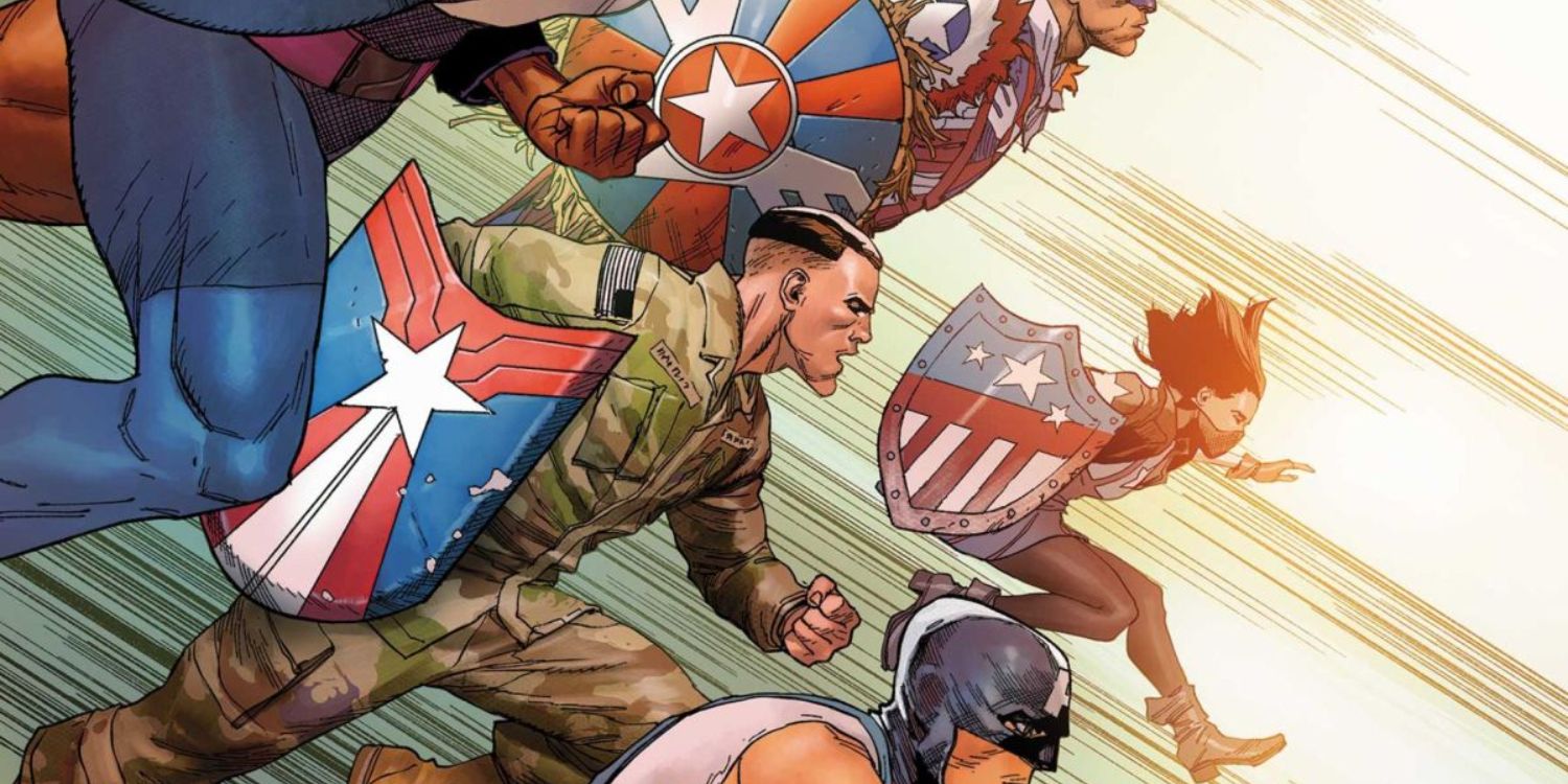 An image of all Captain Americas running together