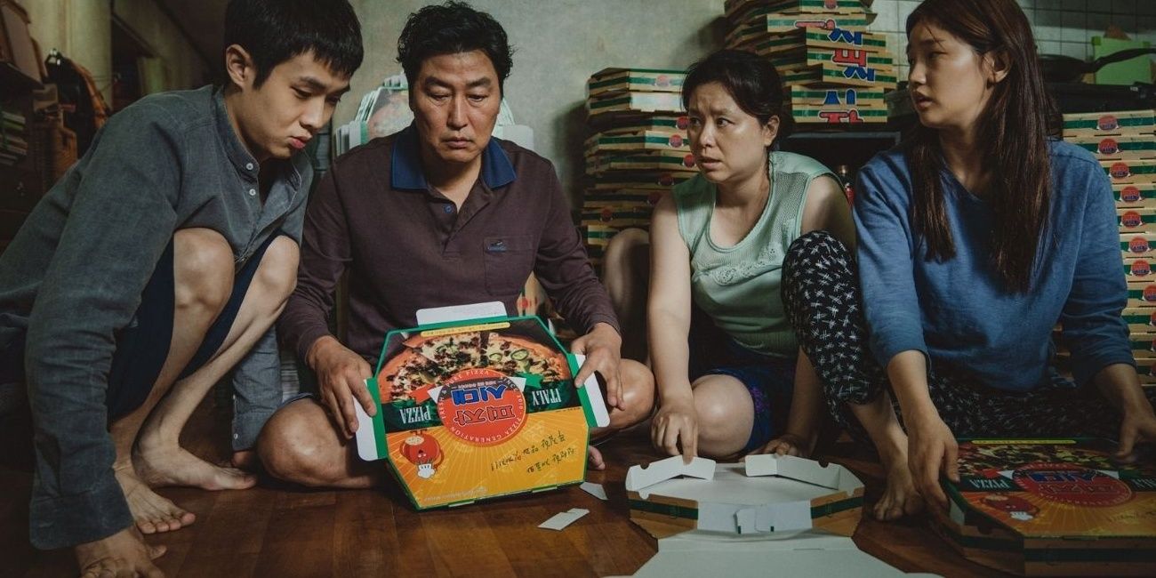An image of the Kim family sitting together in Parasite