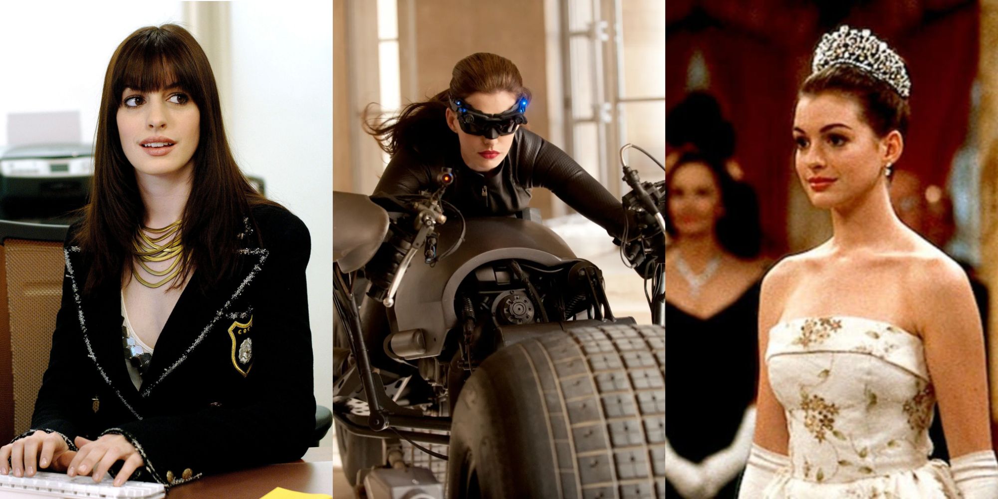 Split image of Anne Hathaway in Devil Wears Prada, Dark Knight Rises, and Princess Diaries