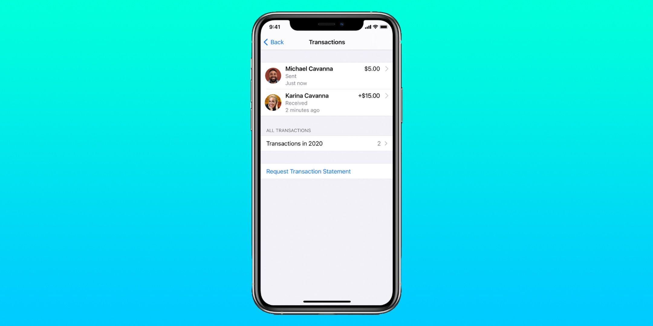 Transactions page on Apple Cash Family