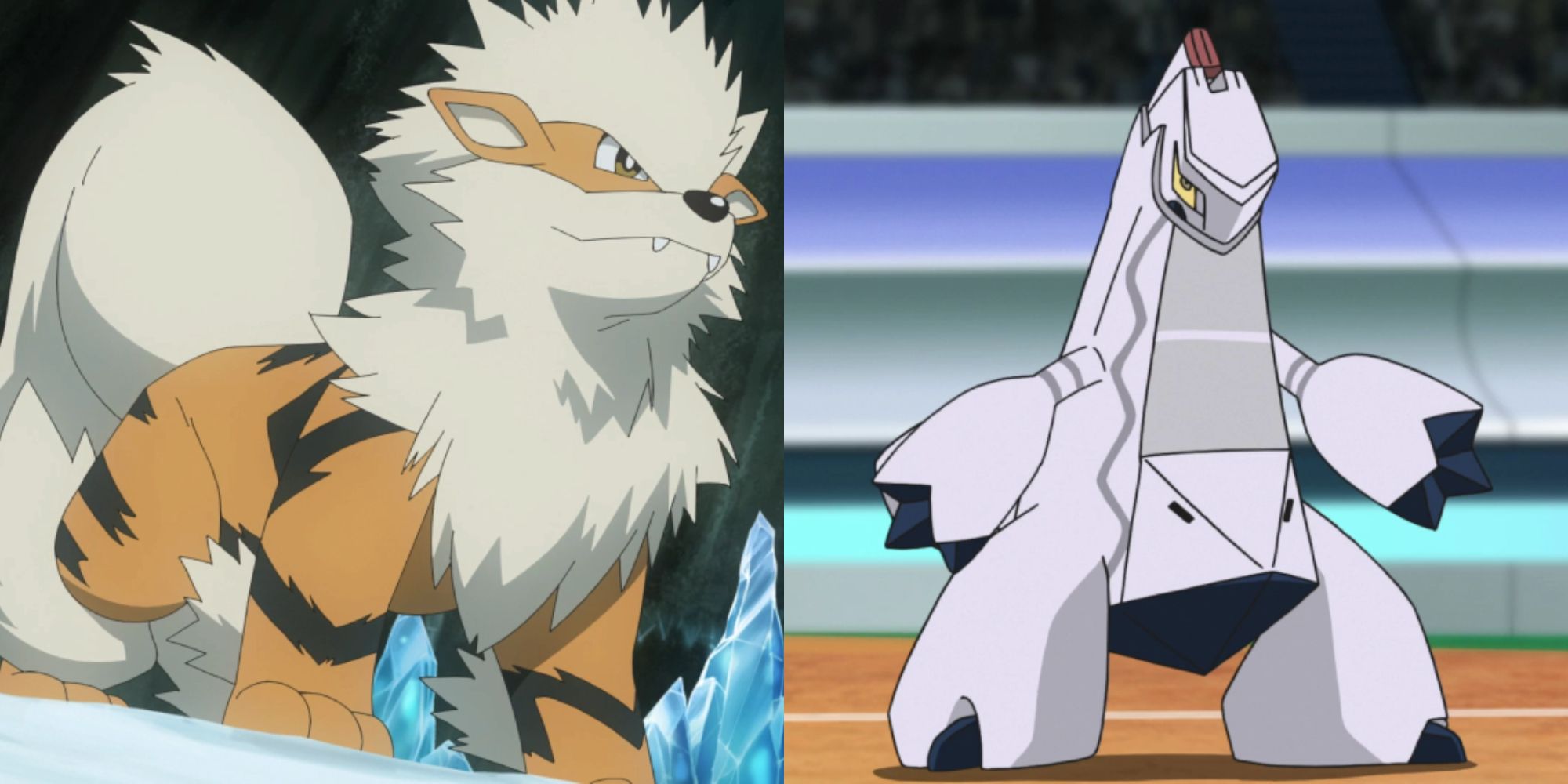 Split image showing Arcanine and Duraludon in the Pokémon Anime.