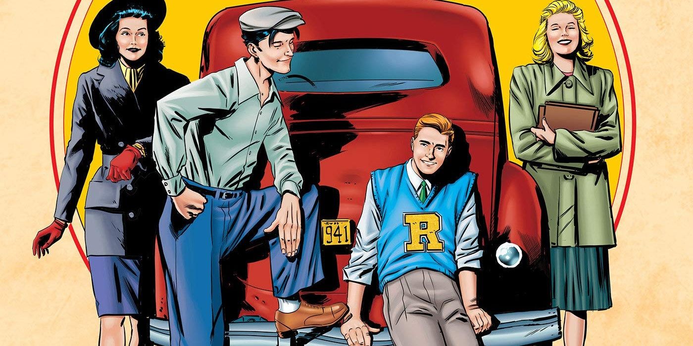 Veronica, Jughead, Archie and Betty hanging out in front of an old fashioned vehicle dressed in 40s attire.