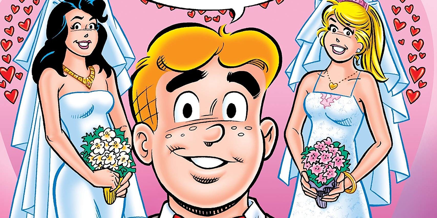 Archie smiling with Veronica on his left, and Betty on his right, both wearing wedding dresses.