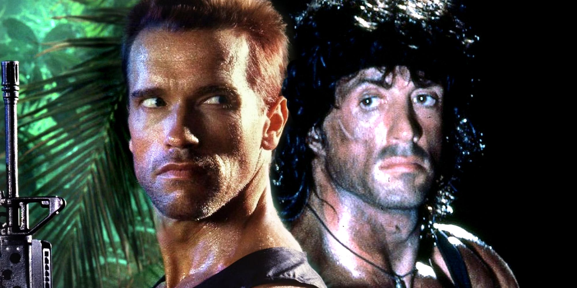 Arnold Schwarzenegger as Dutch in Predator and Sylvester Stallone as John Rambo in First Blood