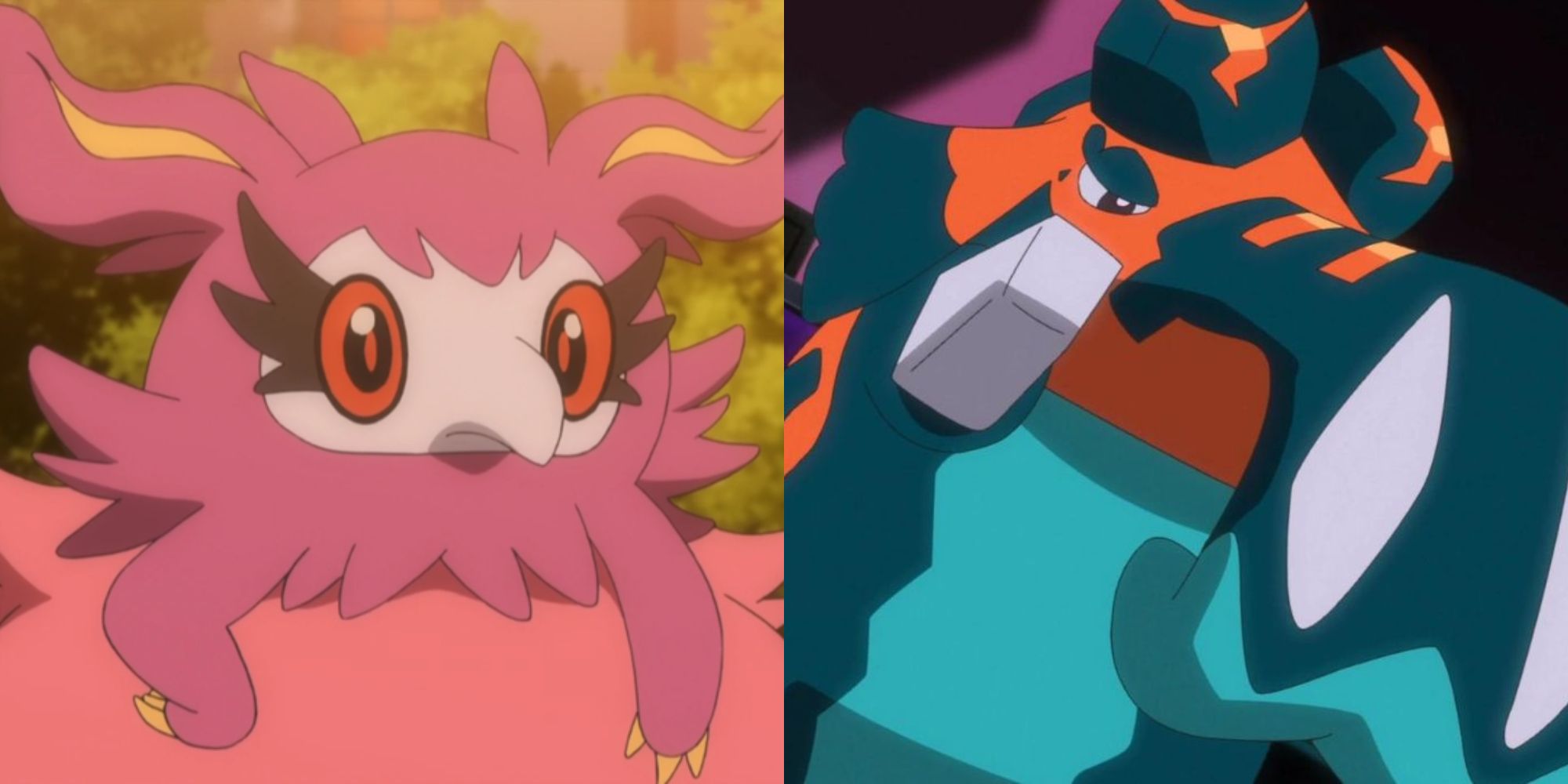 Split image showing Aromatisse and Copperajah in the Pokémon anime.