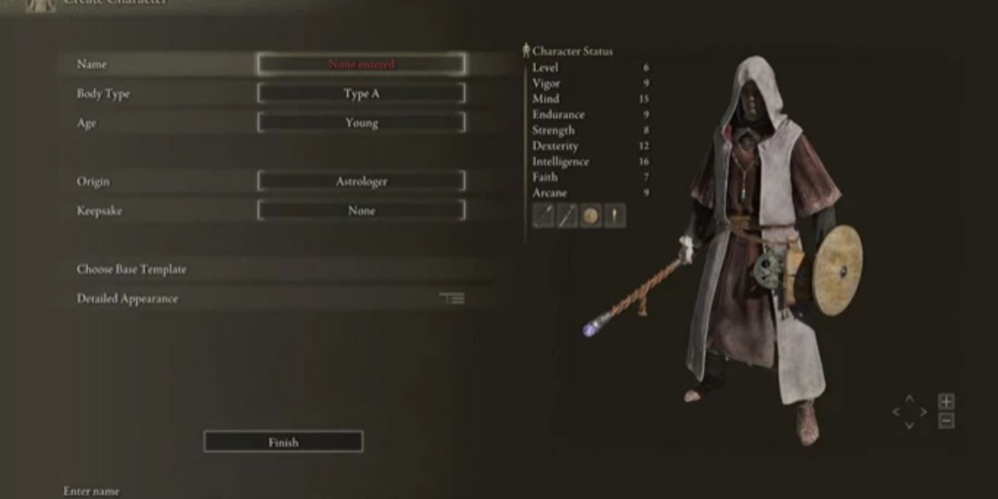 The Astrologer in Elden Ring's character creator wielding a staff and shield.