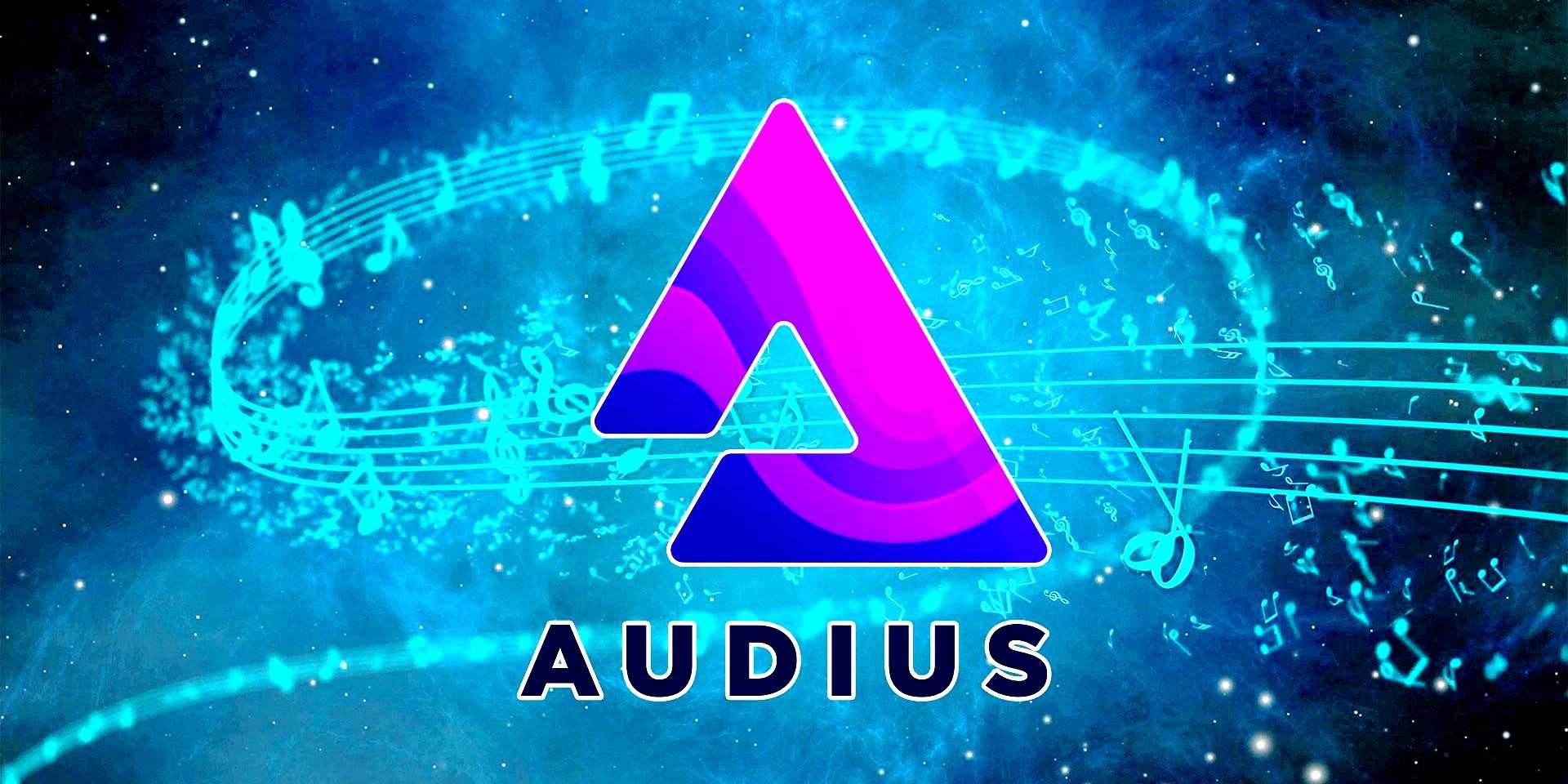 Audius logo on teal background with musical notes