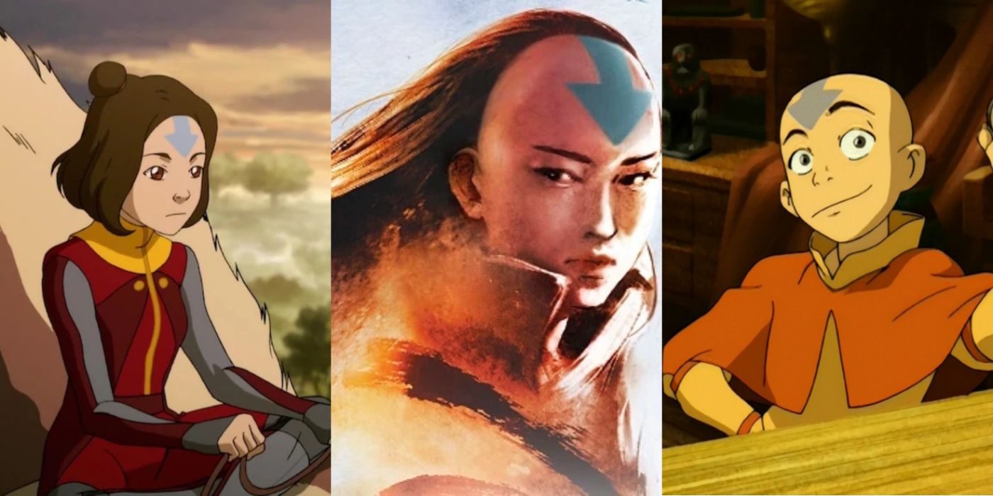 A split image of Avatar characters from the Air Temple.