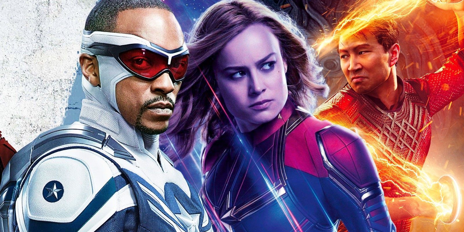 Anthony Mackie as Captain America, Brie Larson as Captain Marvel, and Simu Liu as Shang-Chi