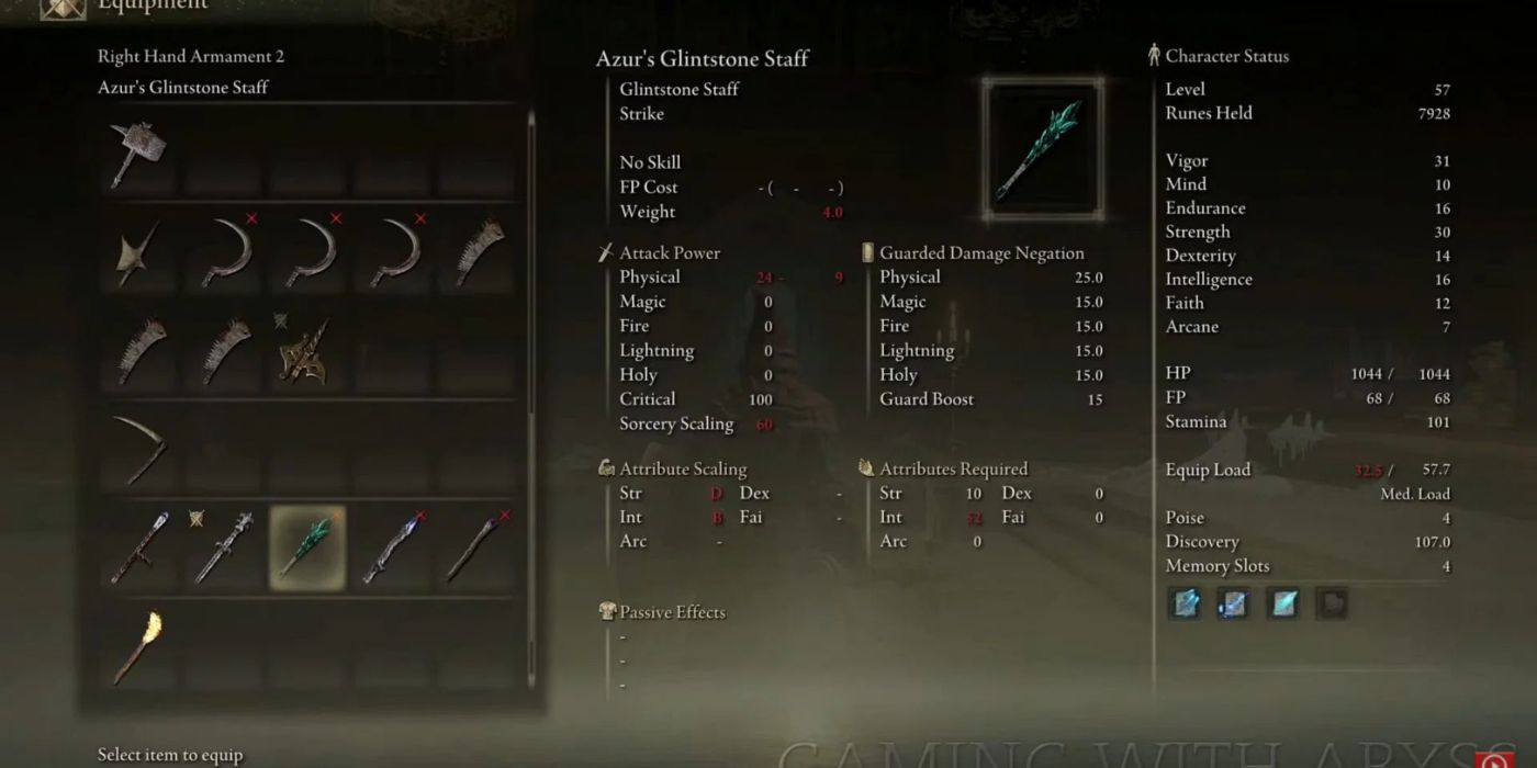 Azur's Glintstone Staff in Elden Ring's inventory menu.