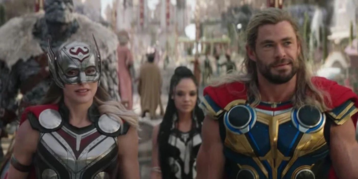 Thor, Jane, and Valkyrie walk in Omnipotent City in Thor Love &amp; Thunder