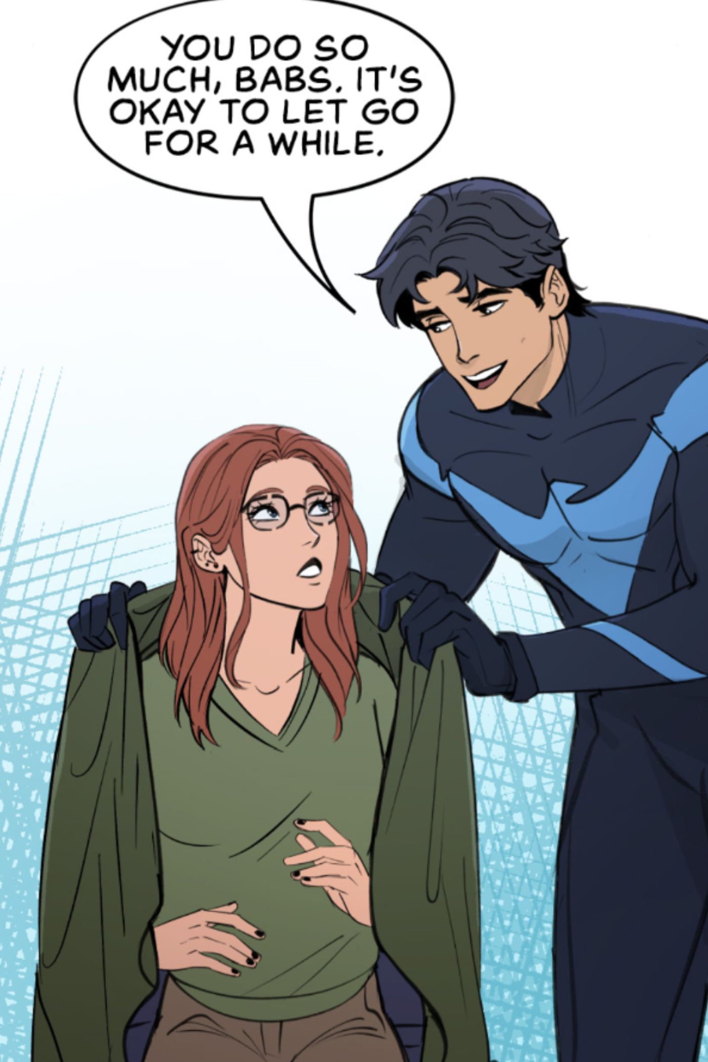Barbara Gordon and Dick Grayson bond.