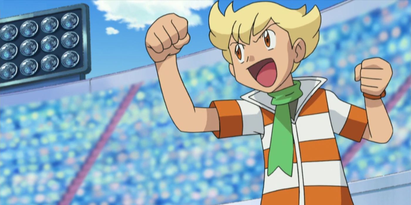 Barry cheering in the Pokémon anime