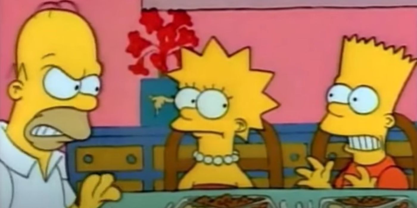 Homer, Maggie, and Bart Simpson together at dinner table