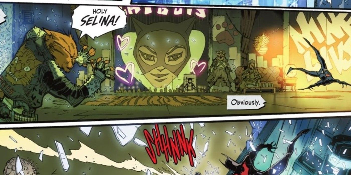 Batman Beyond crashes through a Catwoman shrine.