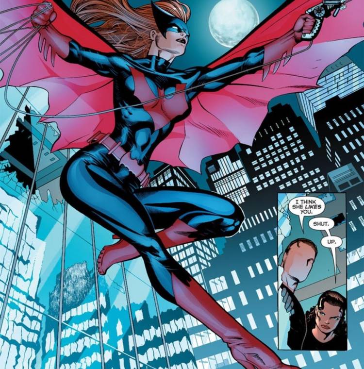 Comic book panels: Batwoman leaps in 52 series.