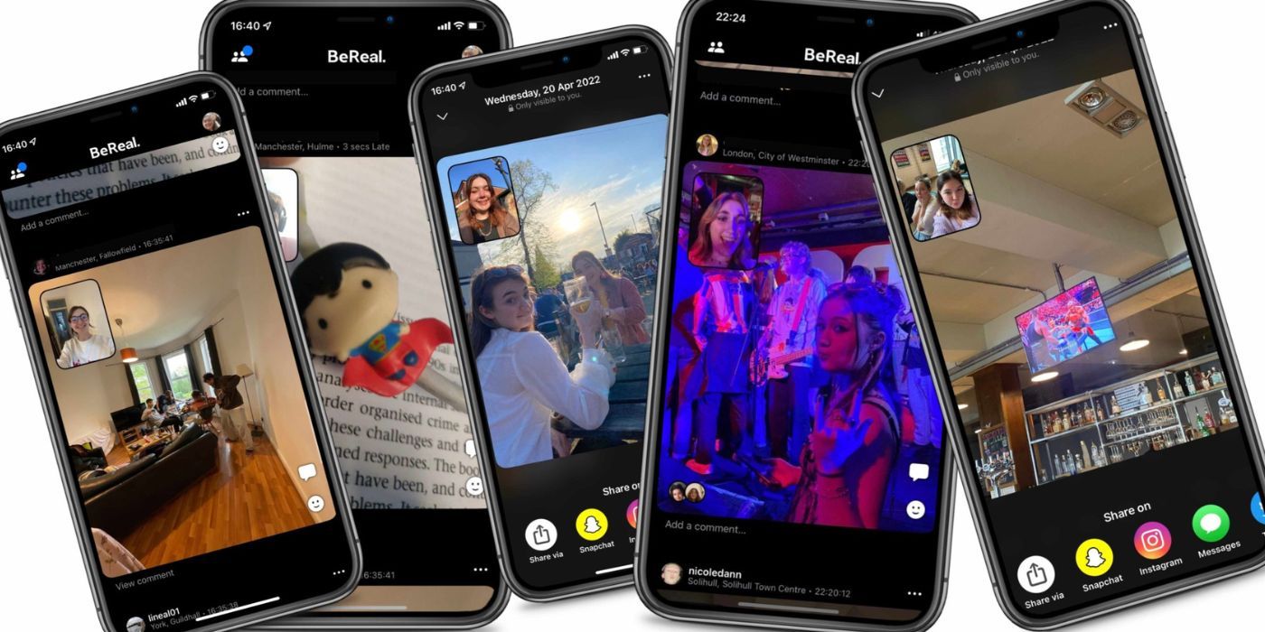 BeReal on multiple phones, showing different people in different settings, parties, supermarkets, at home, ect