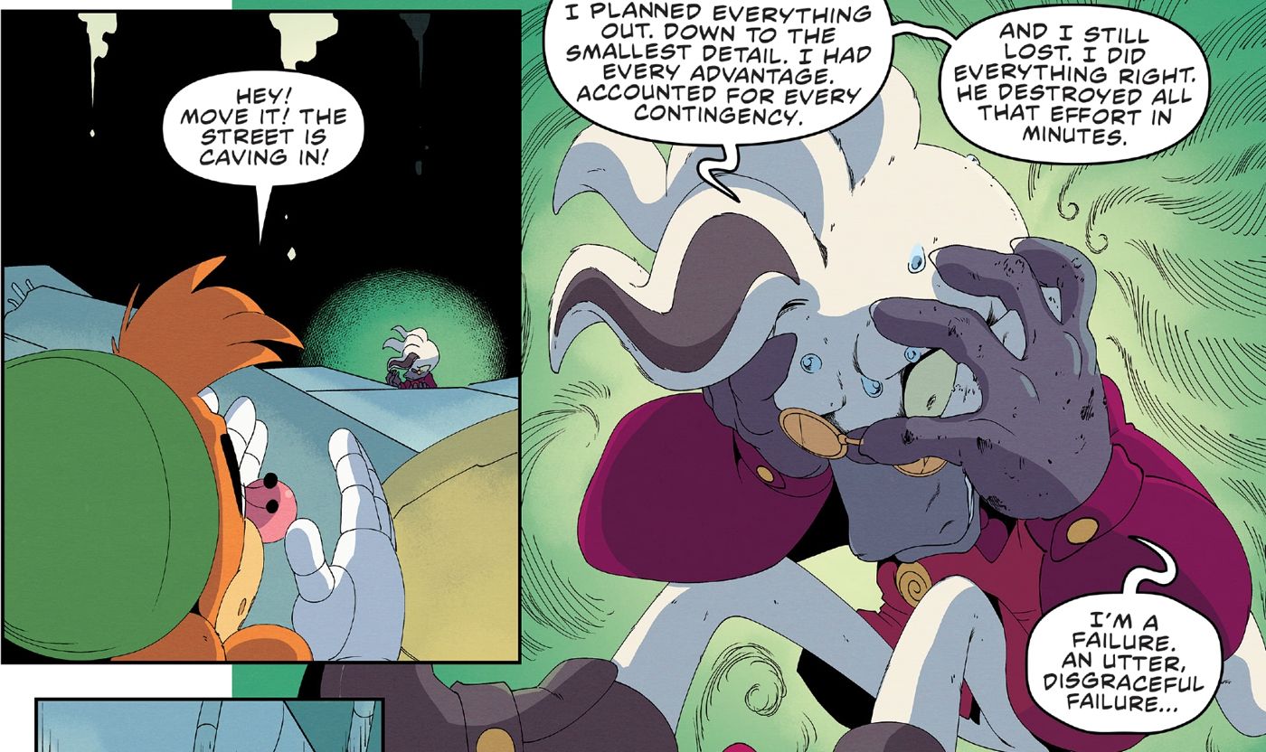 Belle the Tinkerer tries to warn Dr. Starline to move as he has a mental breakdown freaking out over having just lost against Dr. Eggman in Sonic the Hedgehog #50.