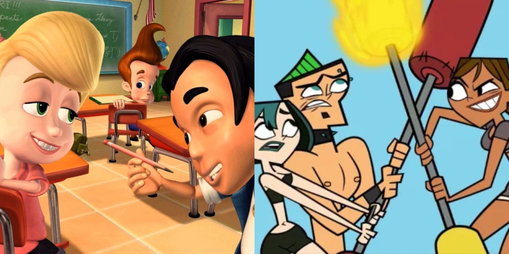 Split image of two cartoon love triangles