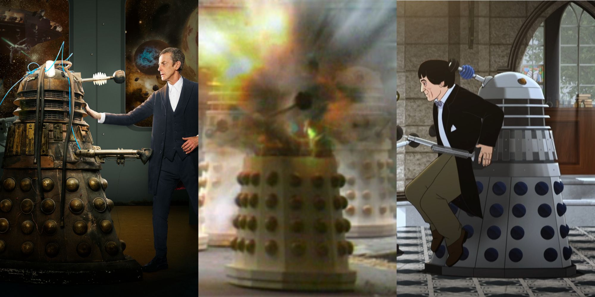 An image of The Doctor talking to a Dalek, a Dalek exploding, and the Doctor running past a Dalek in the TV Show