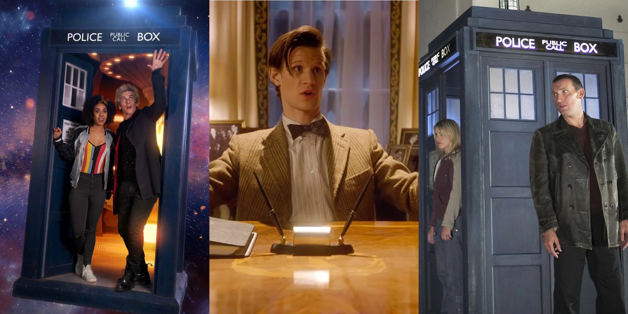 12 and Bill in the TARDIS, 11 sits in the Oval Office, 9 and Rose lurk outside the TARDIS