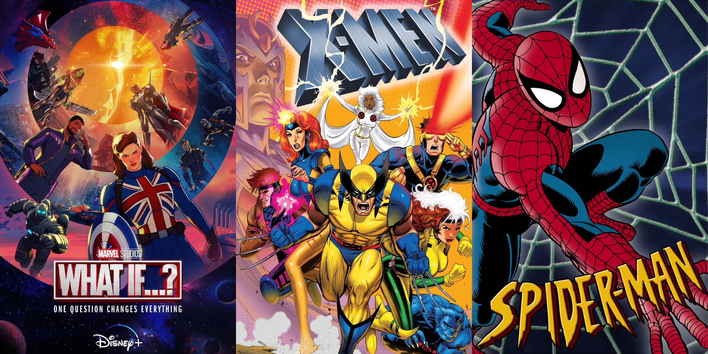 Split image of posters for What If, X-Men animated and Spider-Man animated