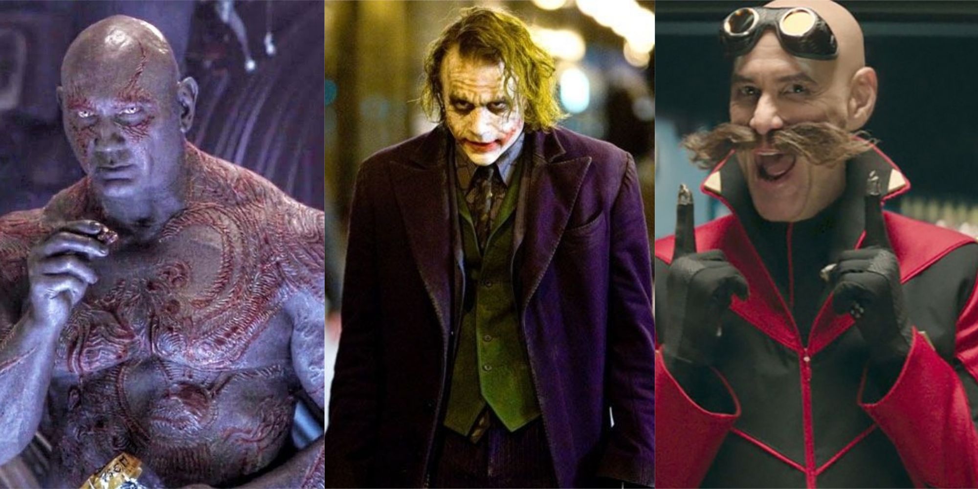 Split image of Drax, The Joker and Doctor Robotnik