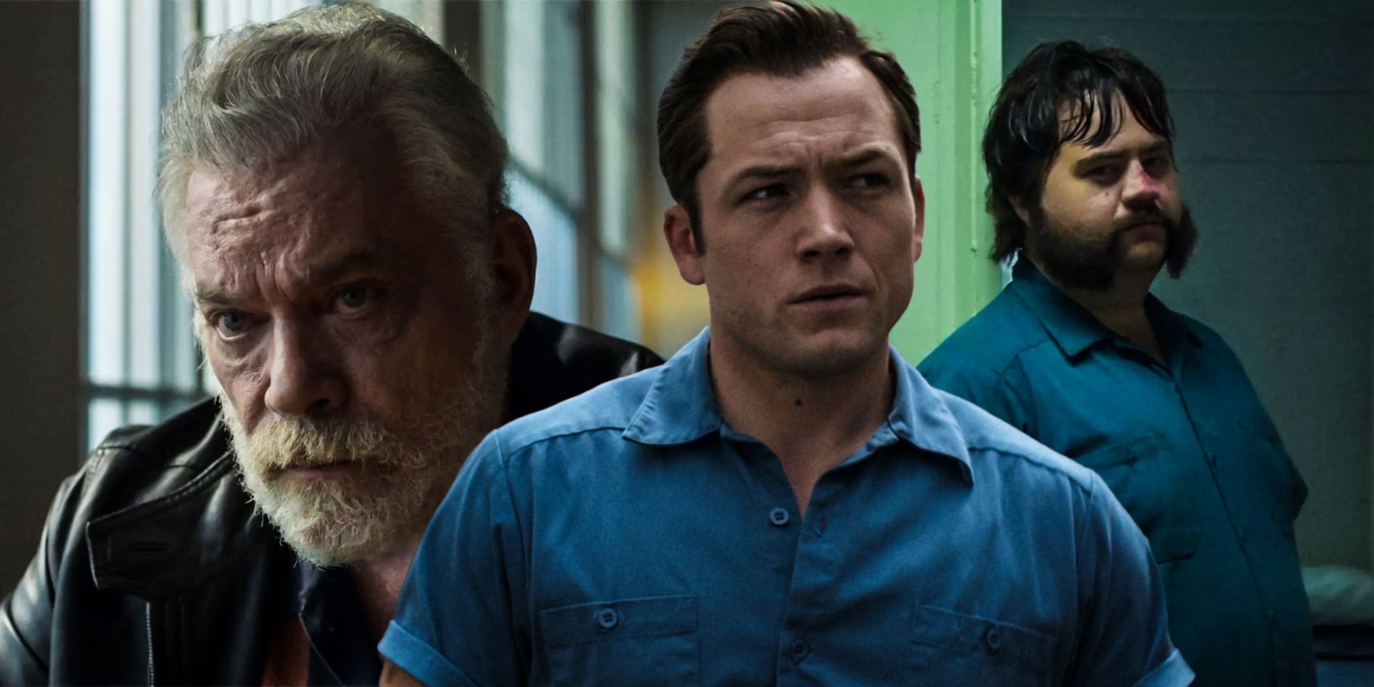 A collage of Ray Liotta, Taron Egerton, and Paul Walter Hauser in Black Bird